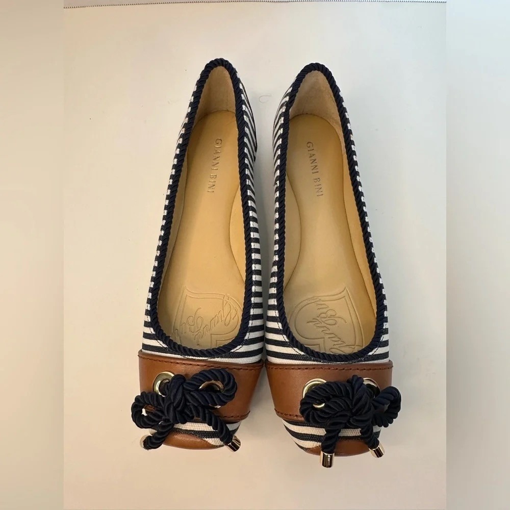 Gianni Bini Nautical Striped Ballet Flats Navy White Brown Rope Bow Shoes